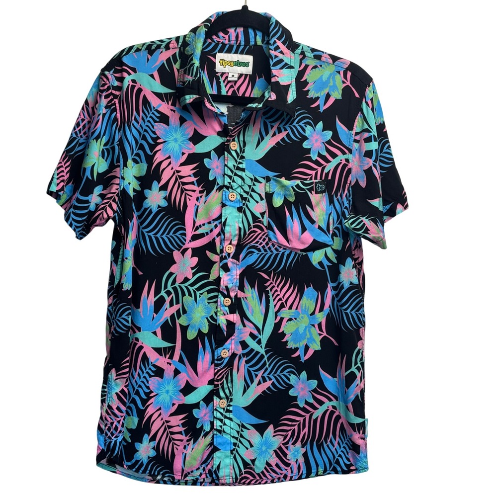 Tipsy Elves Hawaiian Button Up Shirt Camp Black Floral Tropical Neon Party Sz S